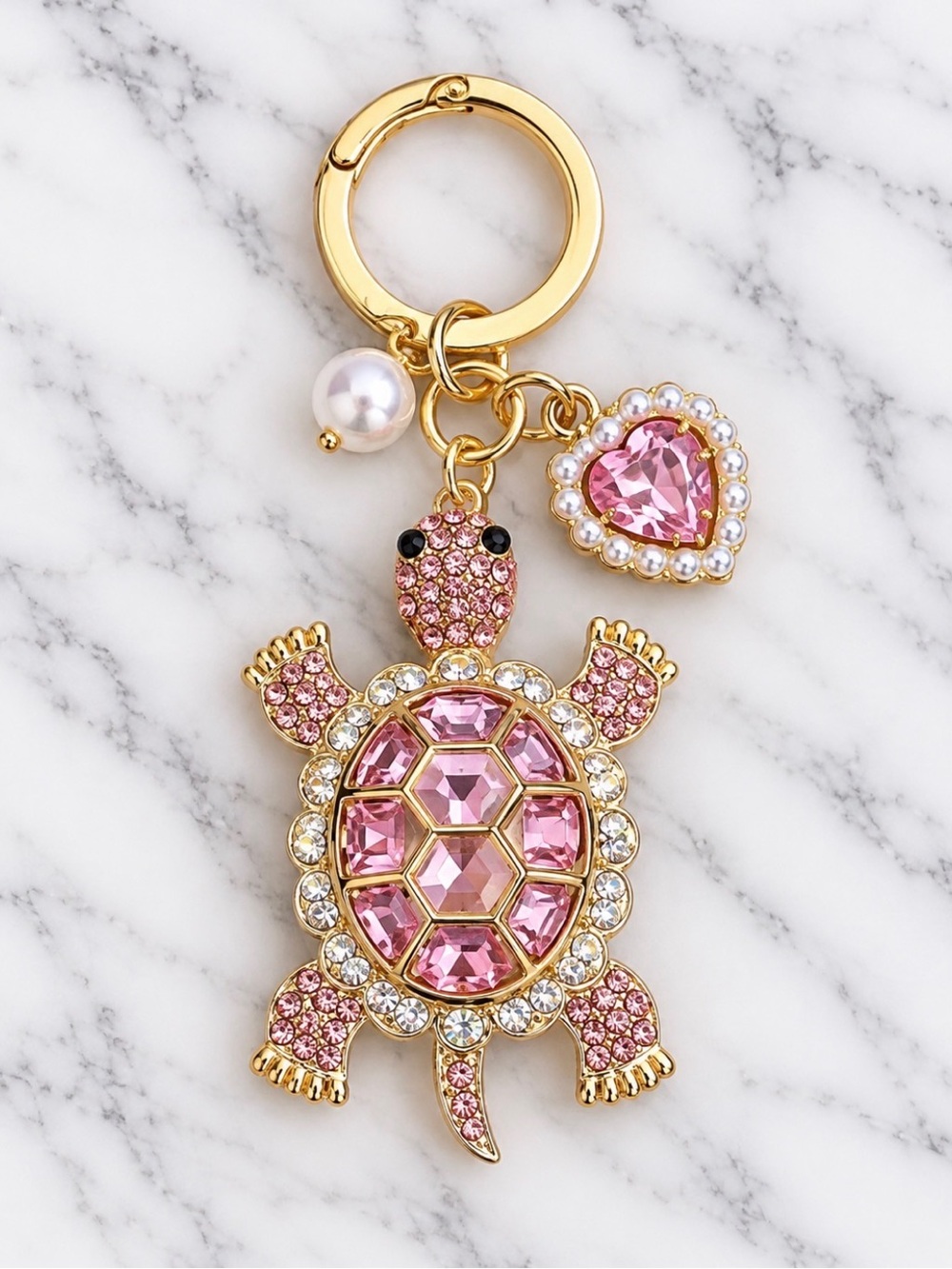 Bag Charm/Keyring-Pink And White Rhinestoned Turtle Charm-Gold Hardware